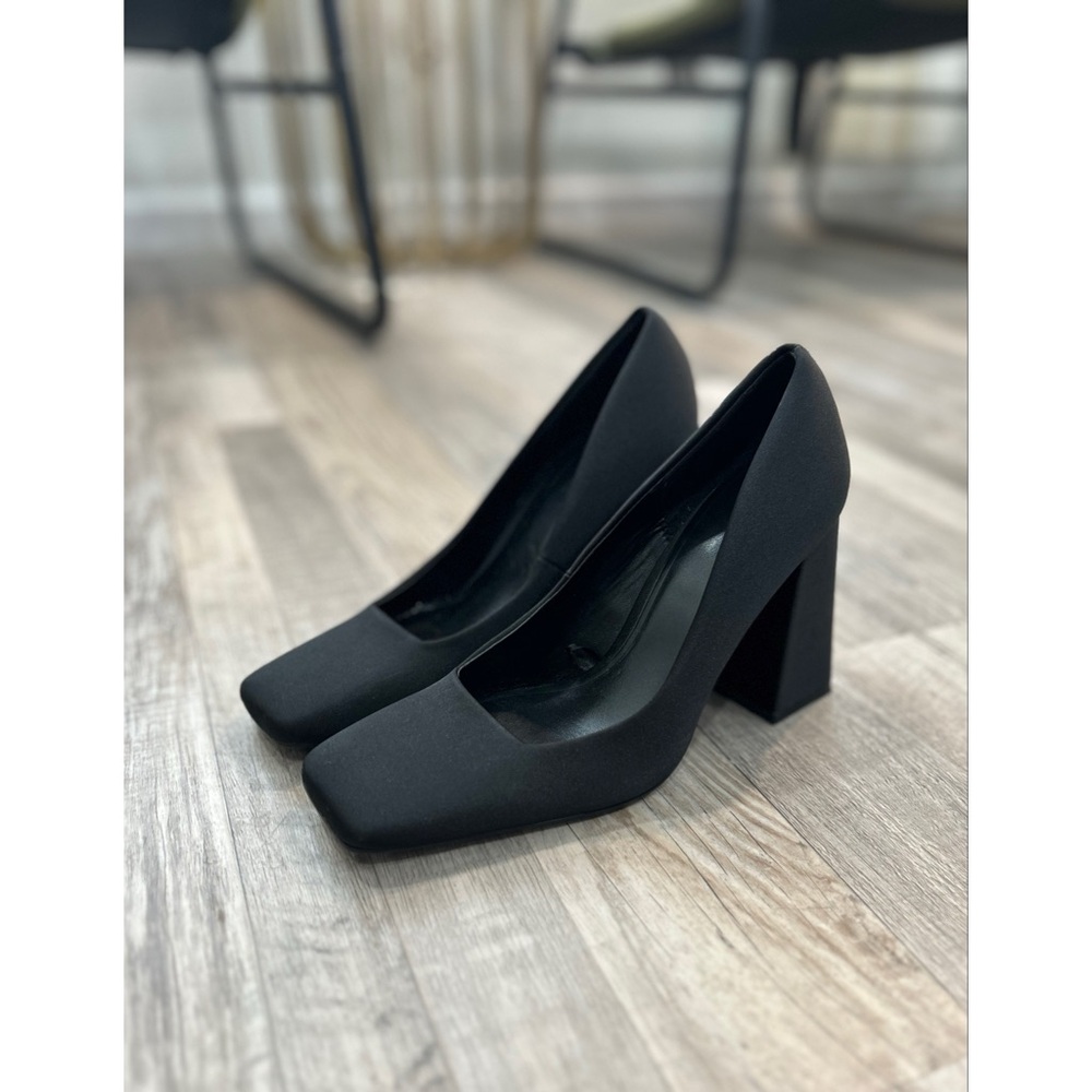 Zara Women’s Squared Toe Black Block Heel Pumps Shoes Size 39/8.5 Satin Classic - Picture 6 of 11